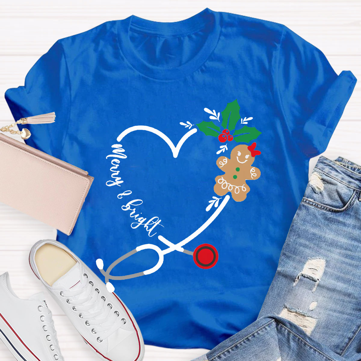 Merry And Bright Christmas School Nurse Stethoscope T-shirt