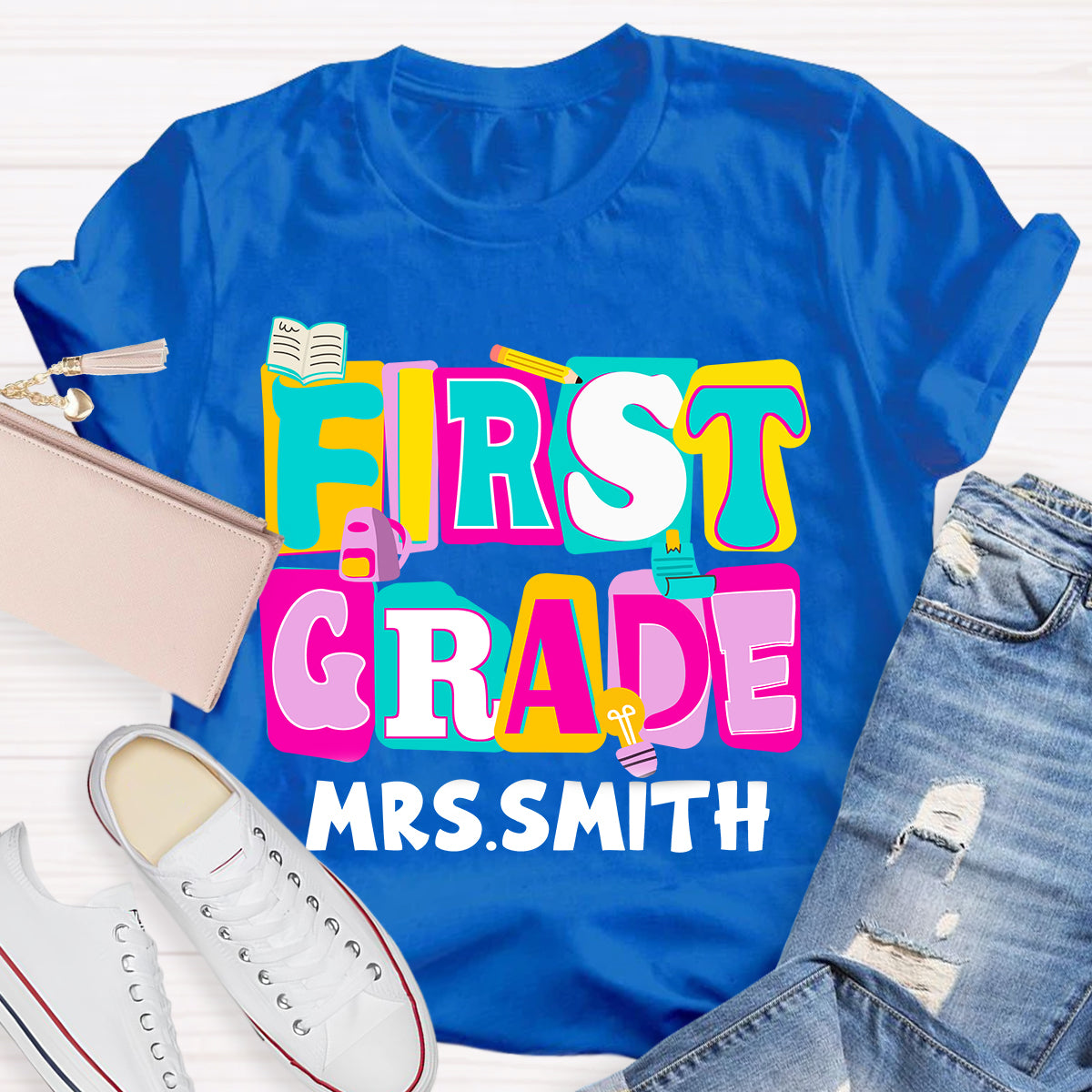 Personalized Grade And Name Colorful Letter Squad Pencil Teacher T-shirt