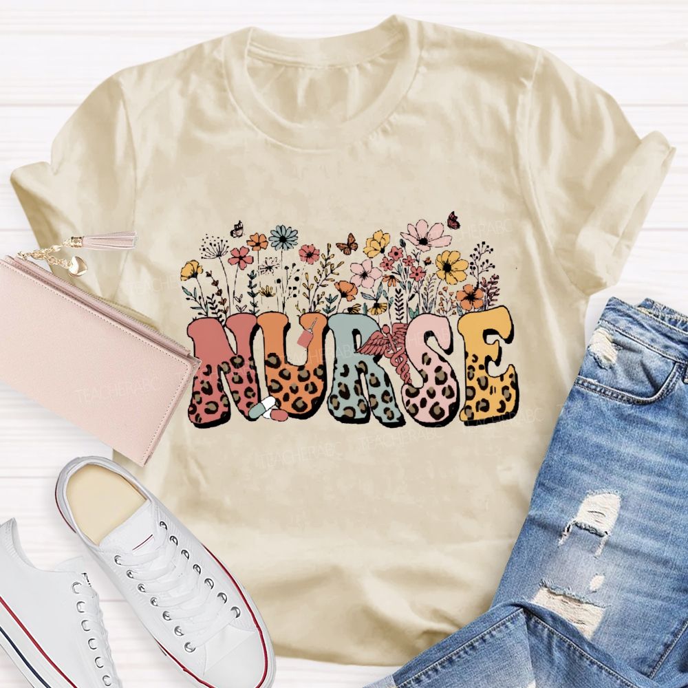 Floral Leopard School Nurse Teacher T-Shirt