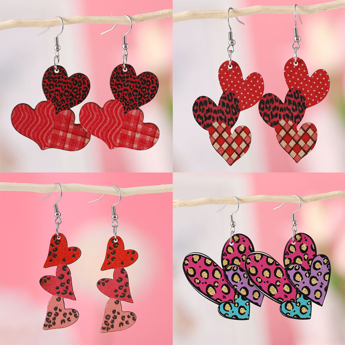 Checkered Leopard Print Polka Dot Heart Earrings