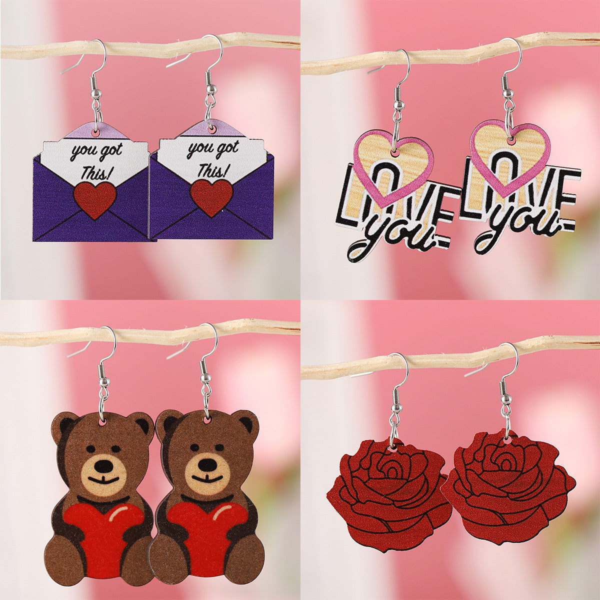 Heart-Shaped Bear And Rose Envelope With "I Love You" Pendant