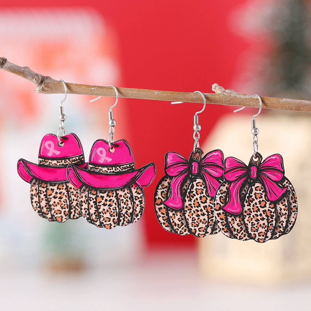 Hat Bow Leopard Print Pumpkin Pendant Earrings
