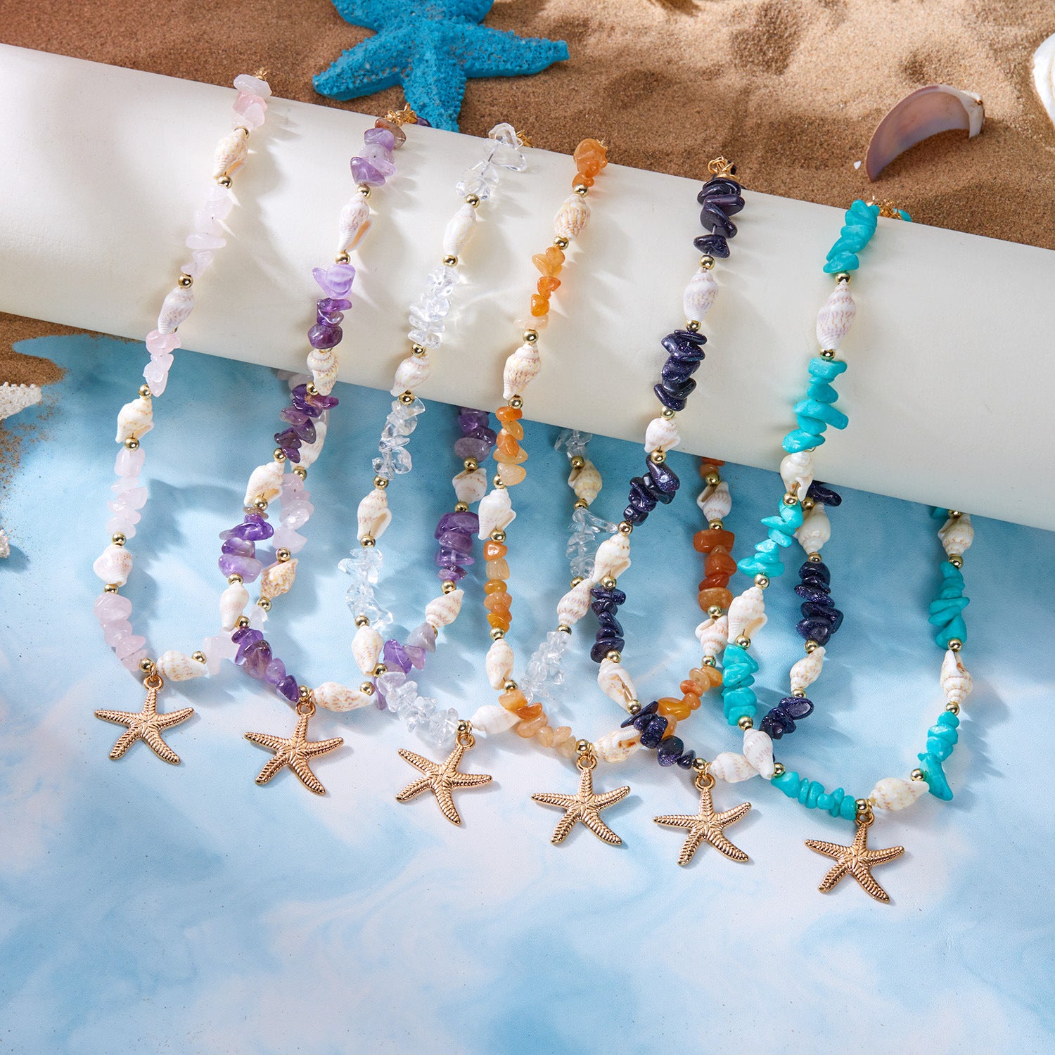 Bohemian-Style Starfish Jewelry Summer Beach-Themed Crushed Stone Starfish And Conch Necklace