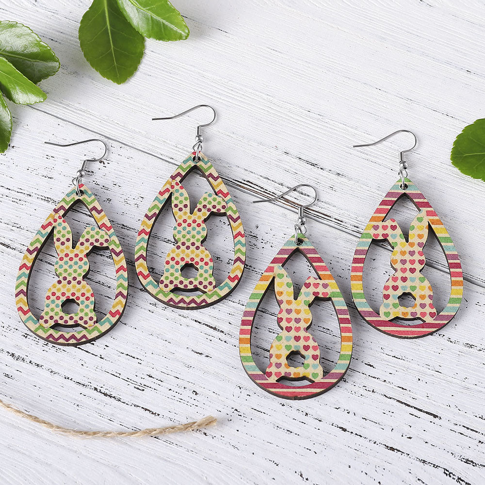 Colorful Striped Heart-Shaped Hollow Bunny Earrings