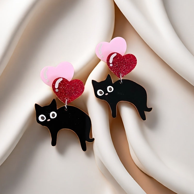 Heart-Shaped Balloons And Cute Black Cat Earrings