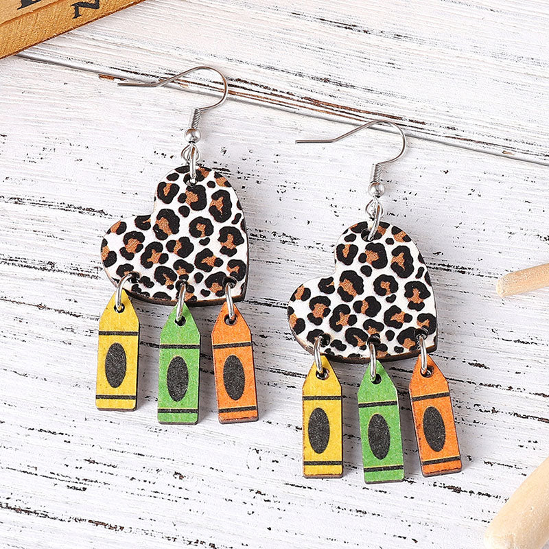 Leopard Print Heart-Shaped Crayon-Style Earrings
