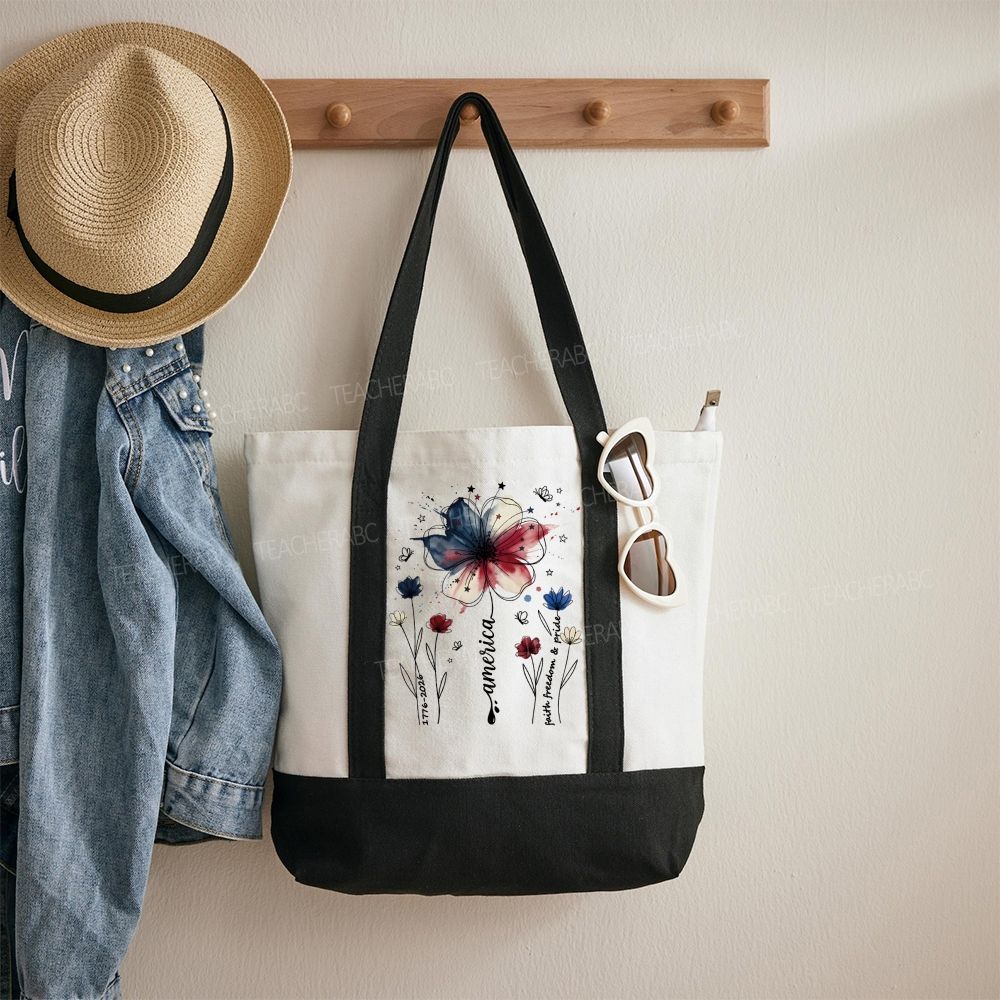 America Flowers Color-blocked Canvas Bag
