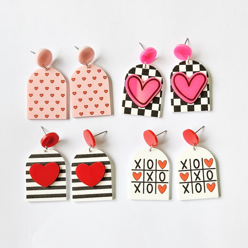 Houndstooth Black And White Striped Pink Heart Earrings