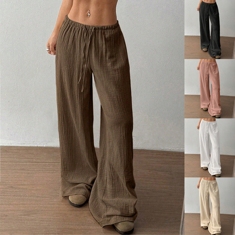 Casual Solid Color Loose Wide-Leg Floor-Length Trousers