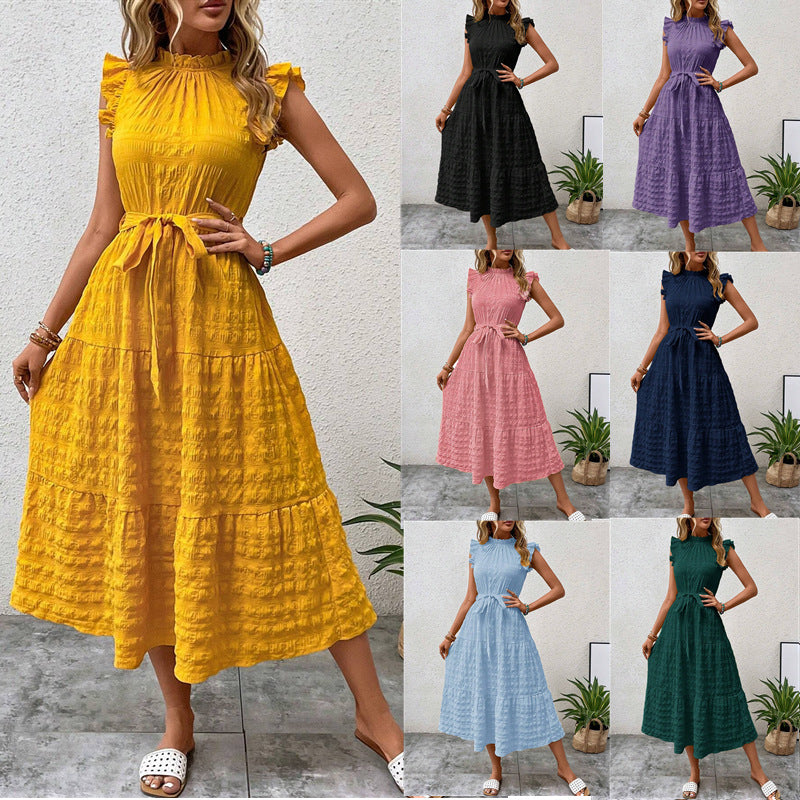Ruffled Trim Flutter Sleeves Tie-Up Textured Dress