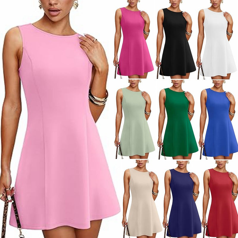 Sleeveless Round Neck Solid Color Dress