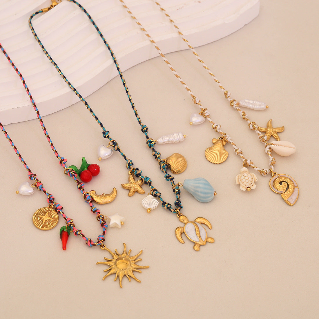 Bohemian Woven Starfish And Conch Beach Necklace