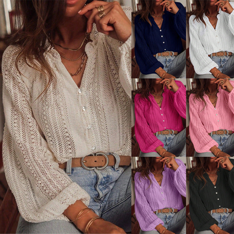 Hollow-Out Lace V-Neck Single-Breasted Long-Sleeved Shirt