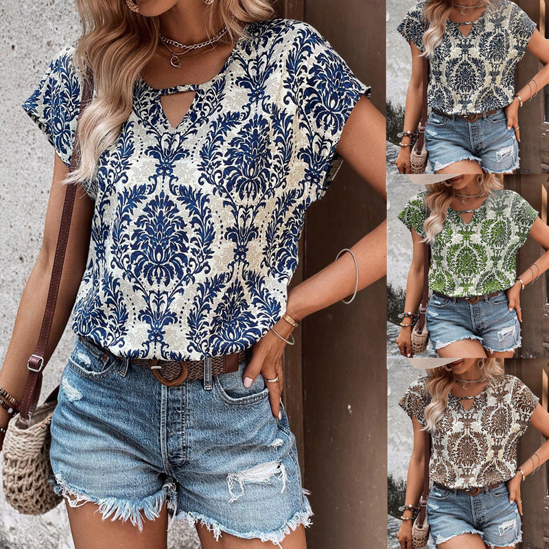 Printed V-Neck Batwing Sleeve Loose-Fitting Shirt