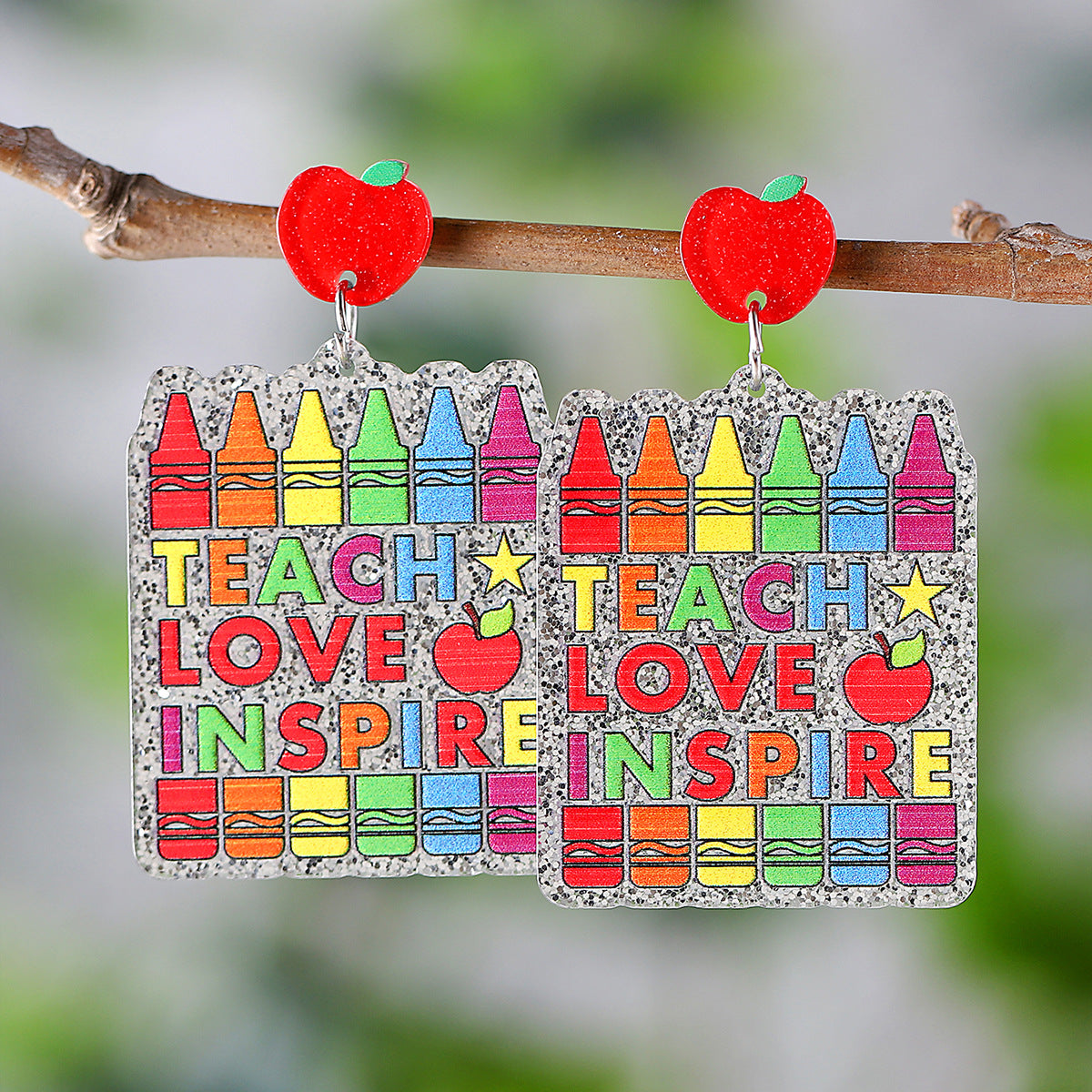 Sequined Apple Book Ruler Rainbow Earrings