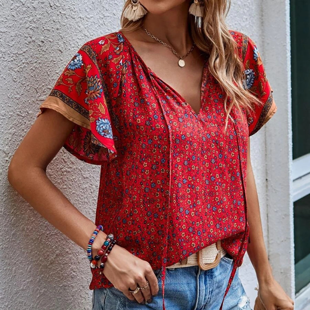 Casual Ethnic Print V-Neck Short-Sleeved Loose Shirt