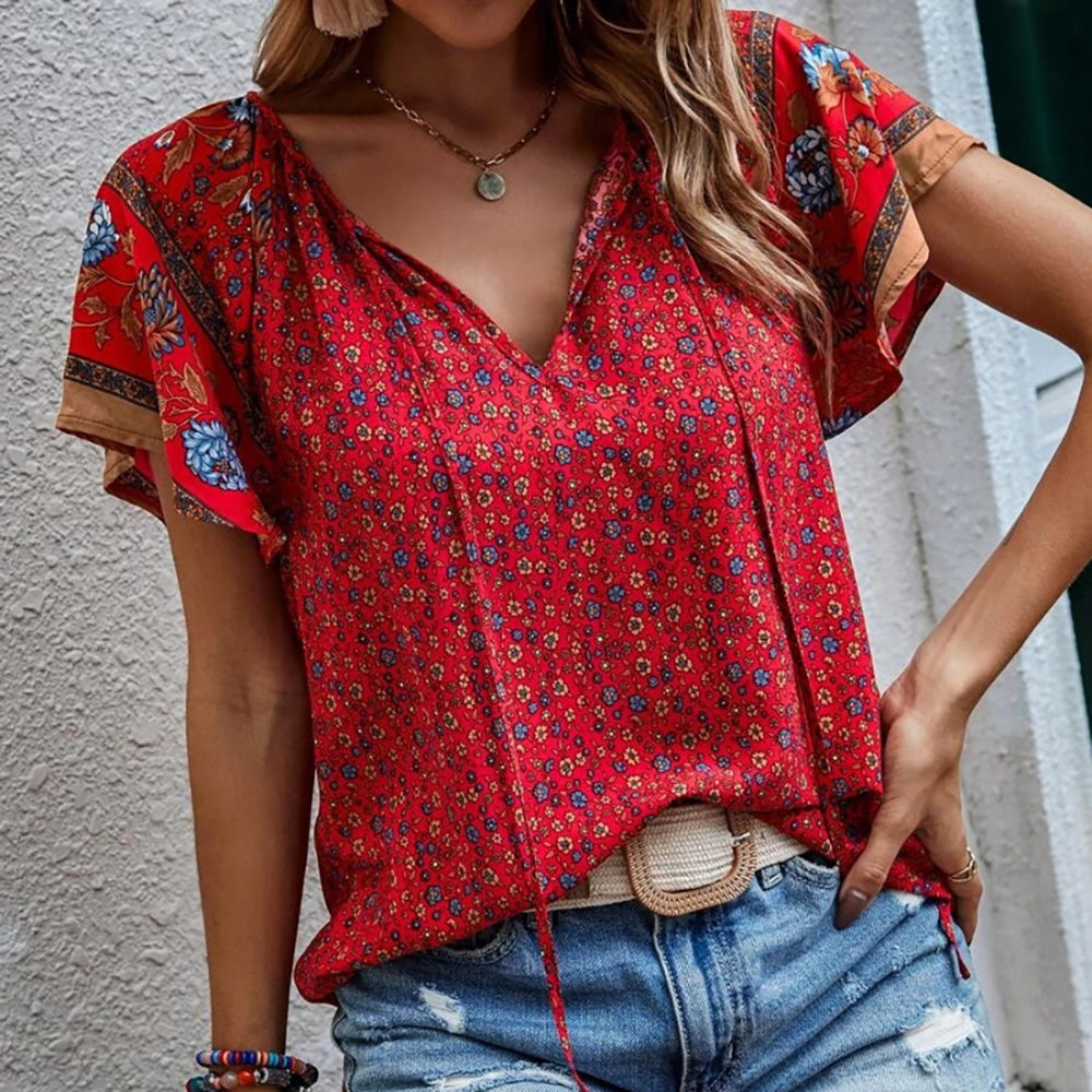 Casual Ethnic Print V-Neck Short-Sleeved Loose Shirt