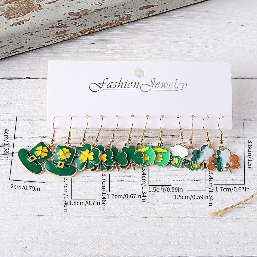 6 Pairs Of Green Clover Hats And Green Beer Earrings