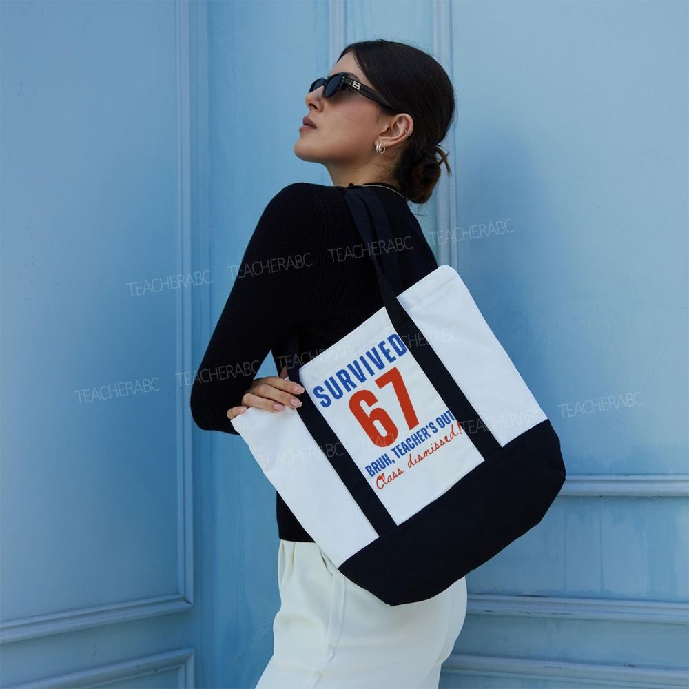 Survived 67 Bruh Teacher's Out Class Dismissed Color-blocked Canvas Bag