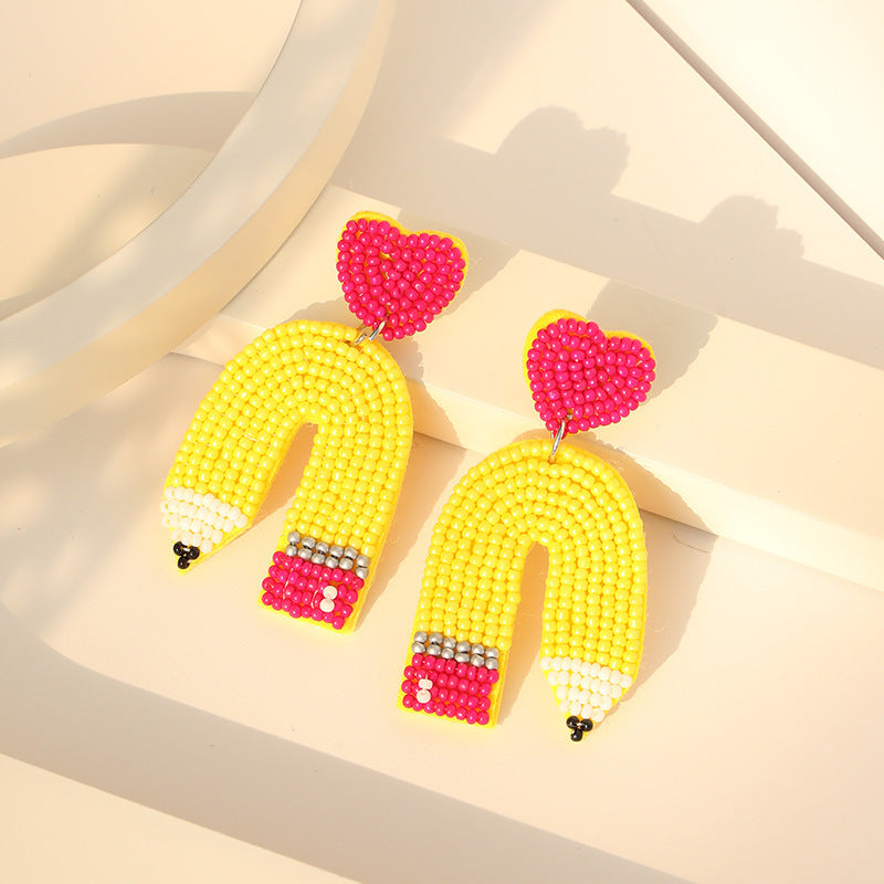 Handmade Beaded Glass Seed Bead Heart Pencil Earrings