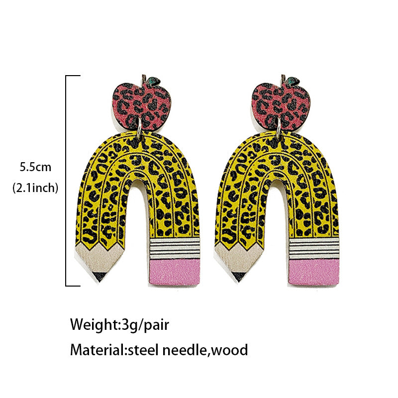 Leopard Print Pencil And Apple Patchwork Earrings