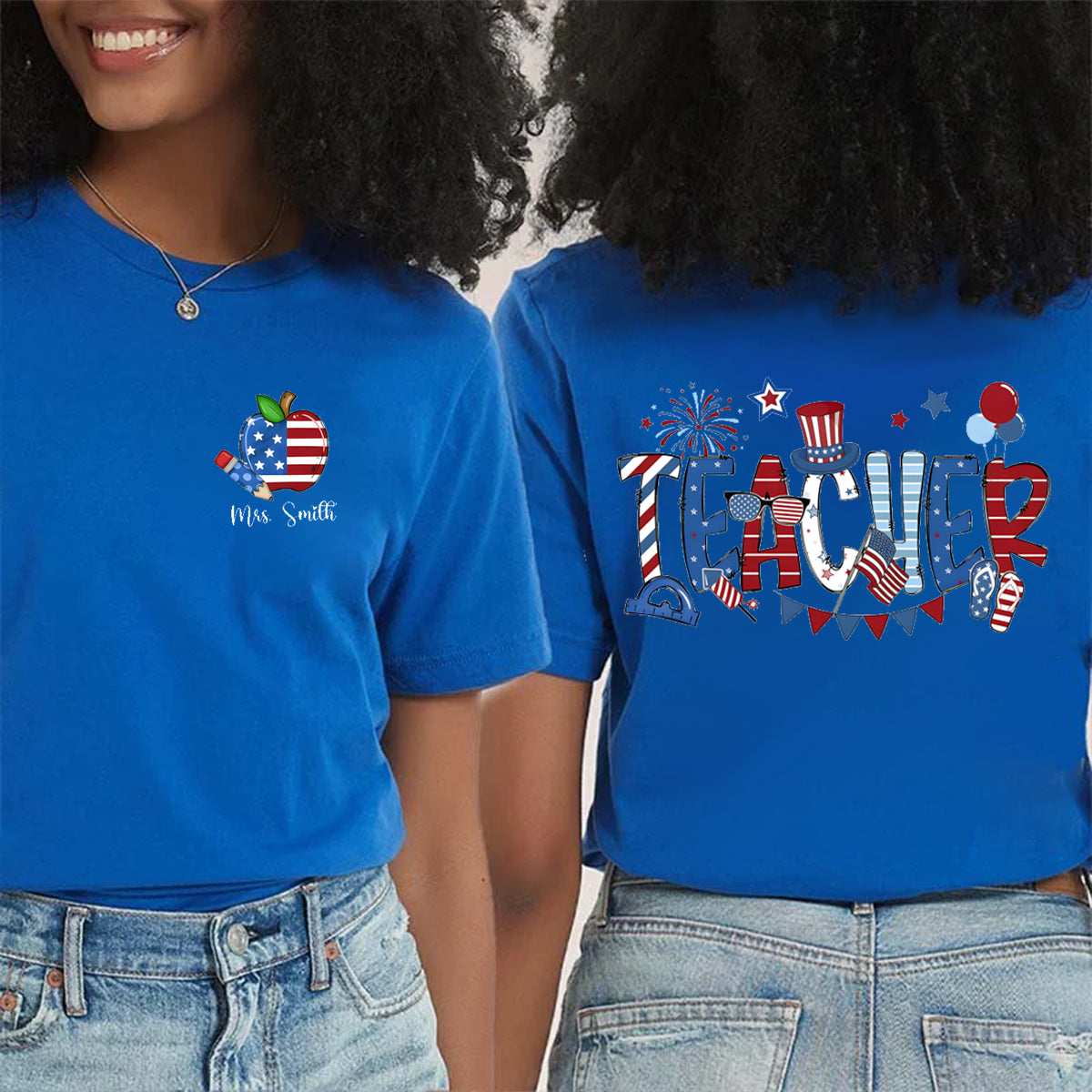 Personalized Name US Flag Apple Double Printed T-shirt