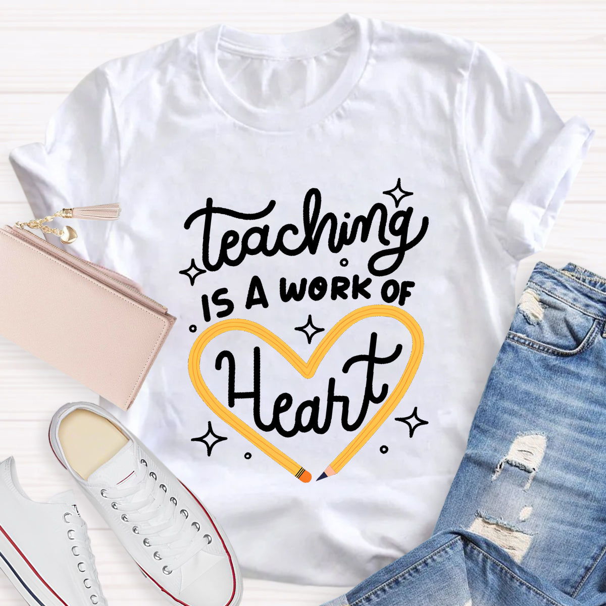 Teaching Is A Work Of Heart Pencil Heart T-Shirt