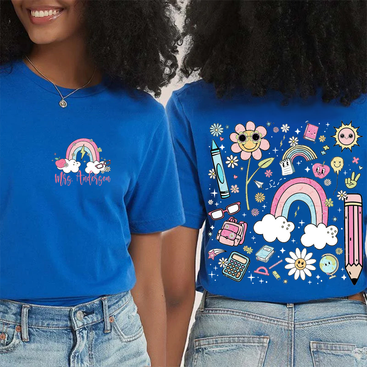 Personalized Name Pink Rainbow Pencil Double Printed T-shirt