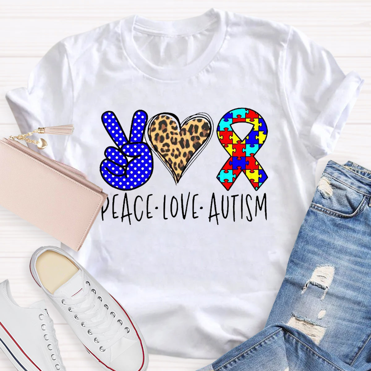 Peace love Autism Leopard Heart T-Shirt