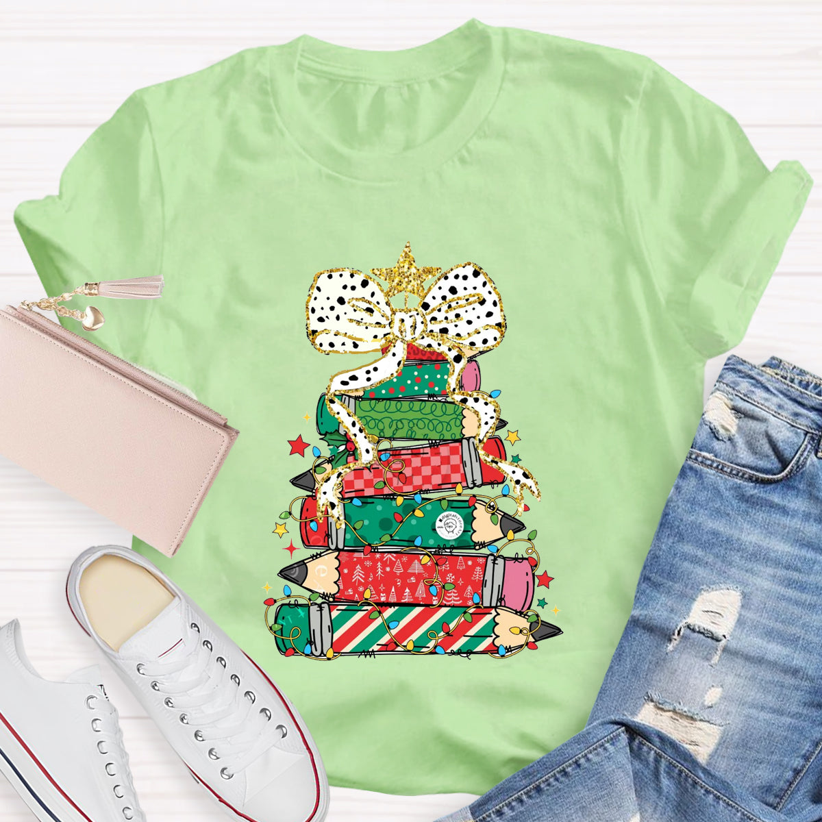 Pencil Tree Bow Teacher T-Shirt