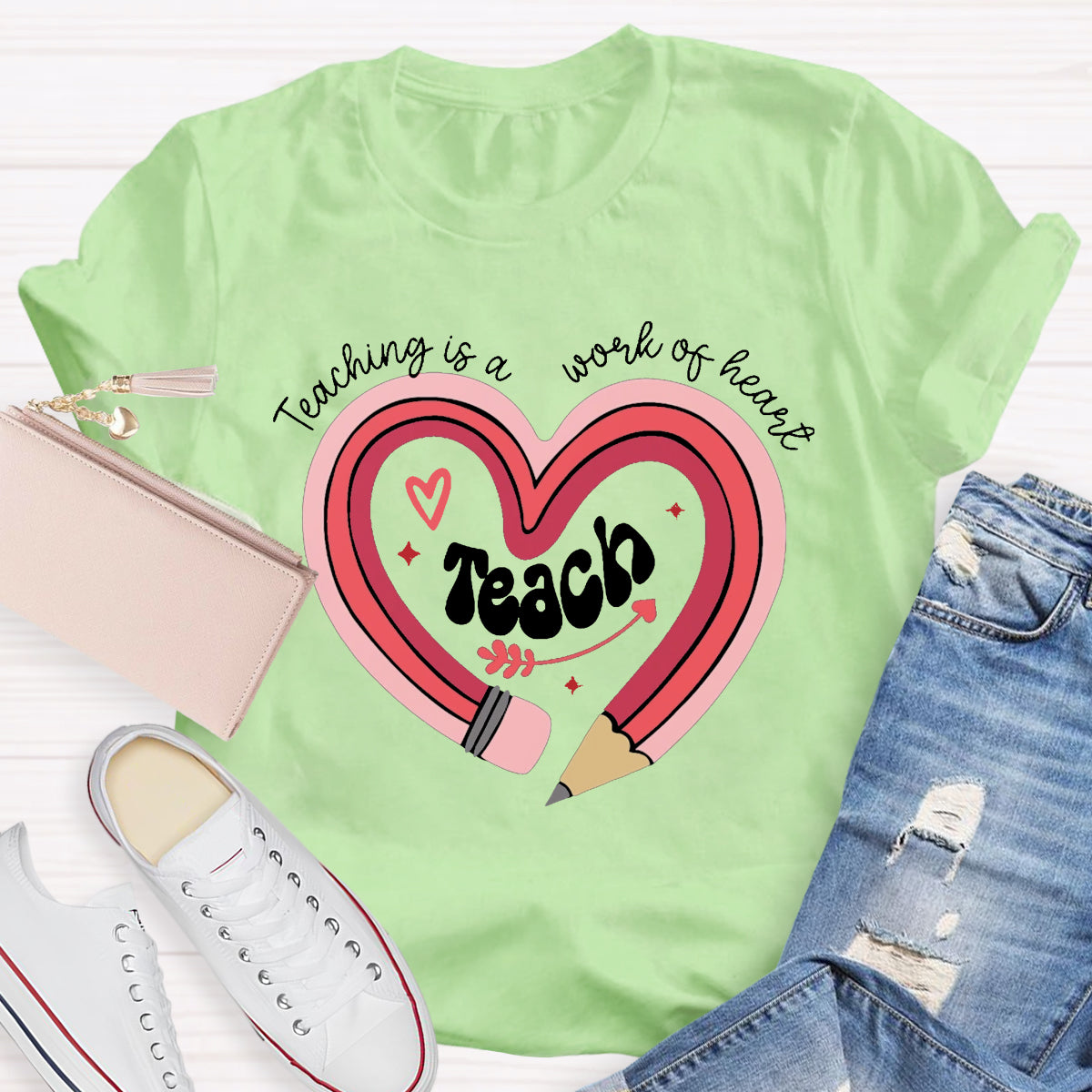 Teaching Is A Work Of Heart Pencil Teacher T-Shirt