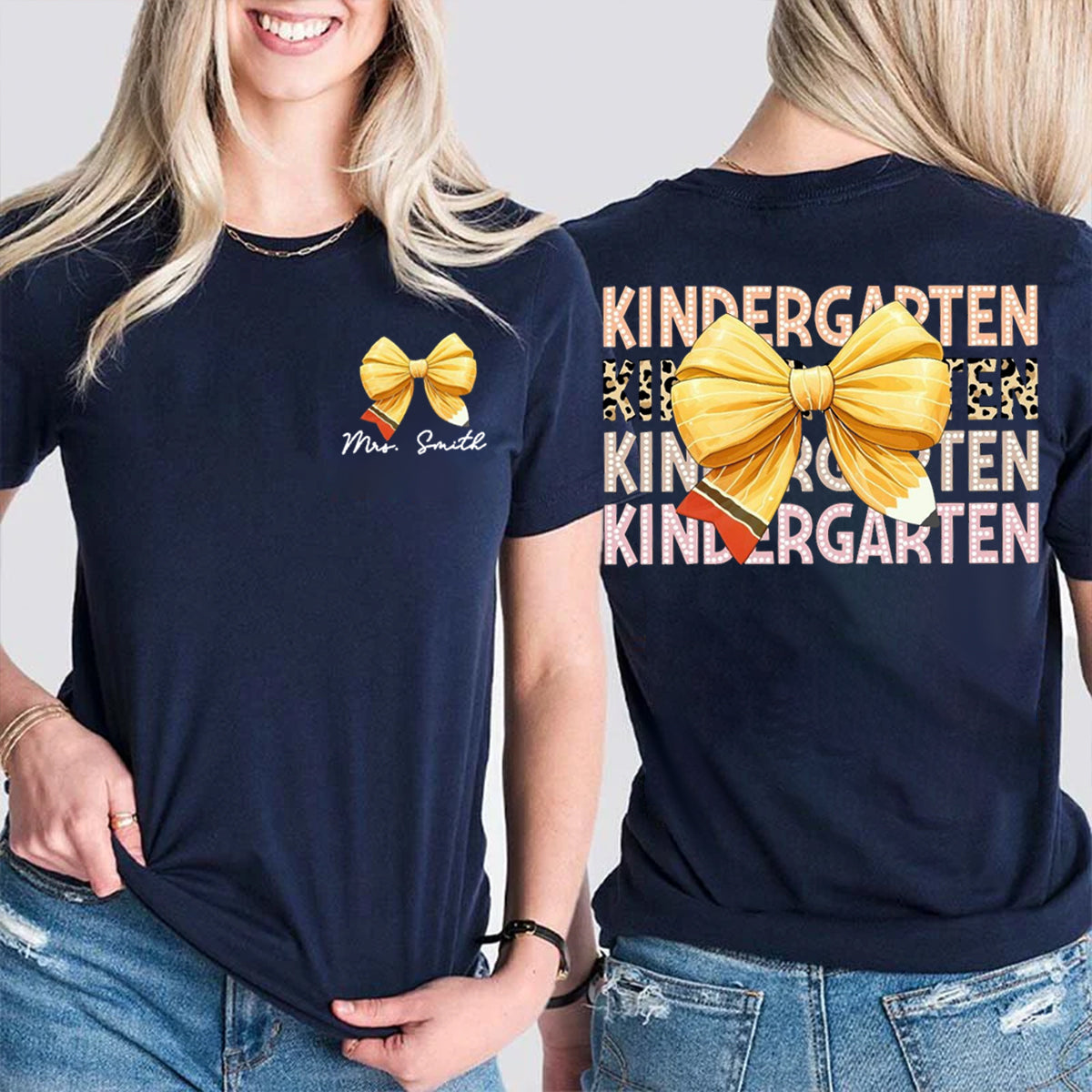Personalized Grade And Name Pink Bow Double Printed T-shirt