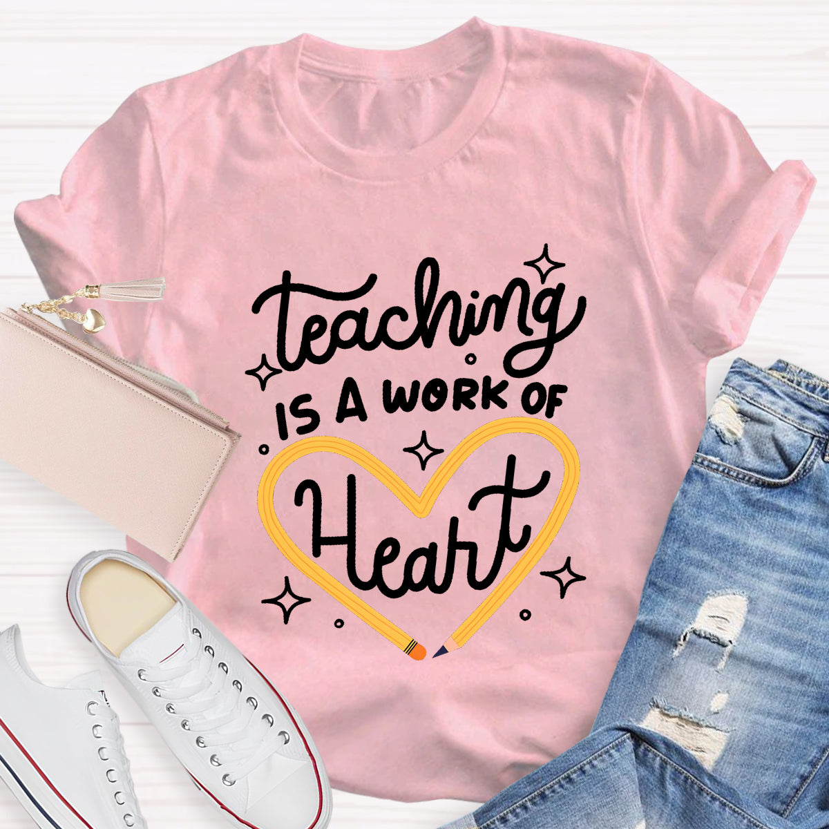 Teaching Is A Work Of Heart Pencil Heart T-Shirt