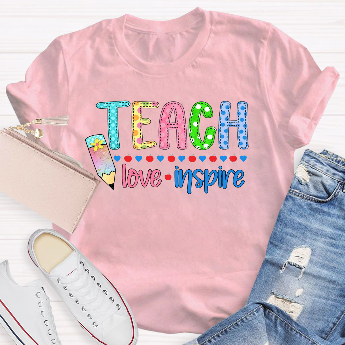 Teach Love Inspire Pencil Apple Printed T-Shirt