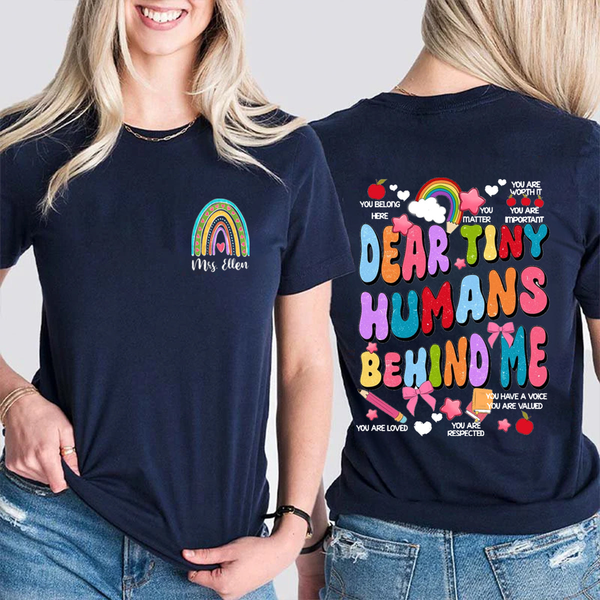 Personalized Name Rainbow Dear Tiny Human Behind Me Double Printed T-shirt