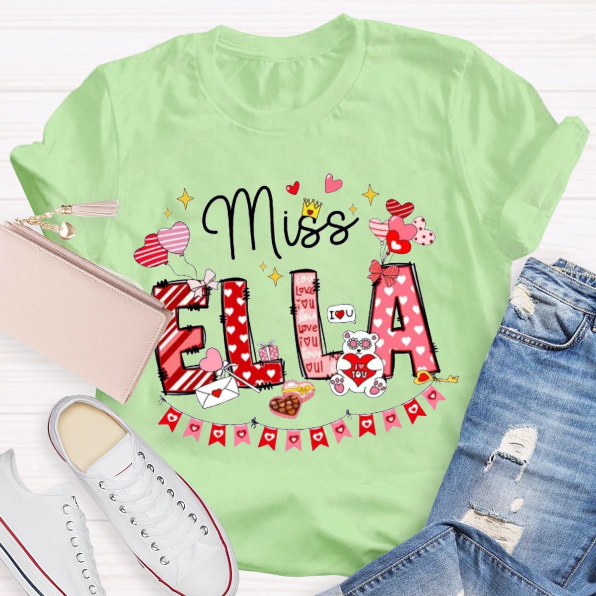 Personalized Name Valentine's Day Miss Ella Teacher T-Shirt