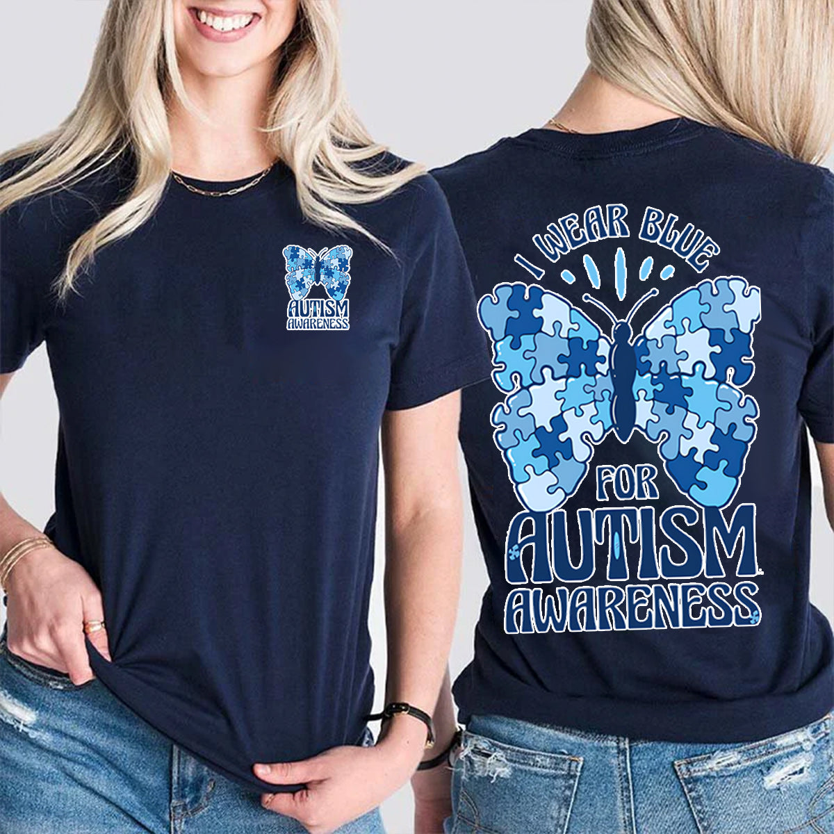 I Wear Blue For Autism Awareness Double Printed T-shirt