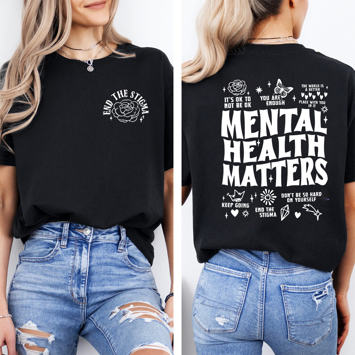 End The Stigma Mental Health Matters Letters Double Printed T-shirt