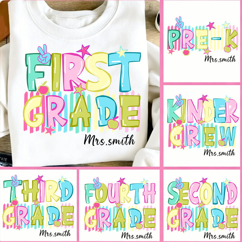 Personalized Grade And Name Colorful Letters And Star Teacher T-Shirt
