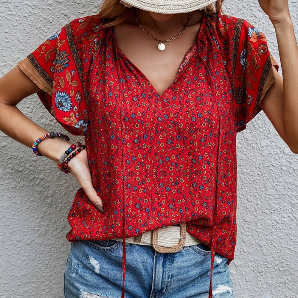 Casual Ethnic Print V-Neck Short-Sleeved Loose Shirt