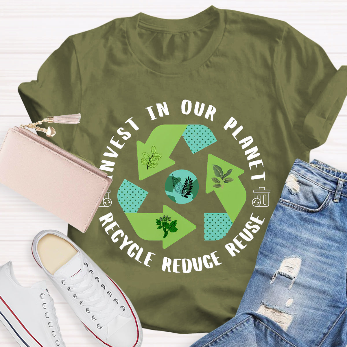 Invest In Our Planet Recycle Reduce Reuse Earth Day T-Shirt