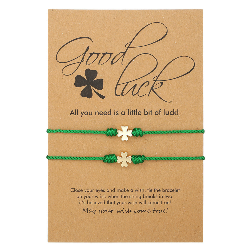 Lucky Four-Leaf Clover Bracelet With Green Braided Rope