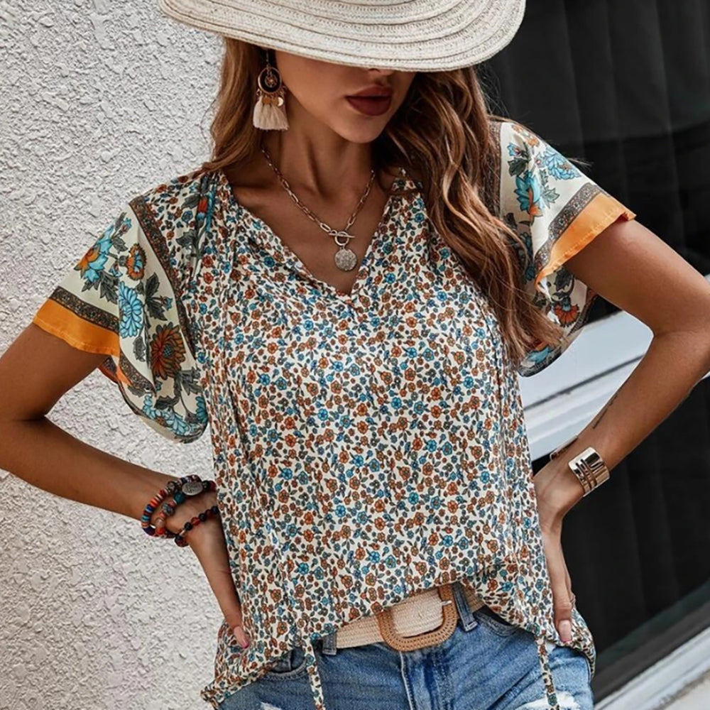 Casual Ethnic Print V-Neck Short-Sleeved Loose Shirt