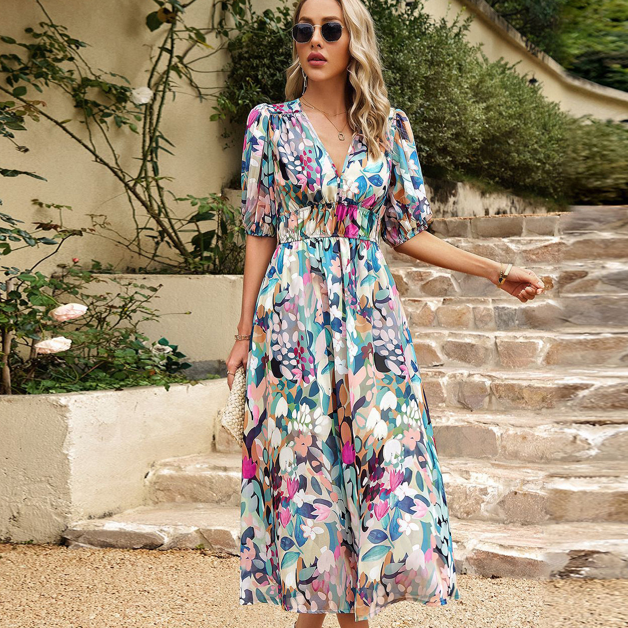 Waist-Cinching Deep V-Neck Printed Maxi Dress