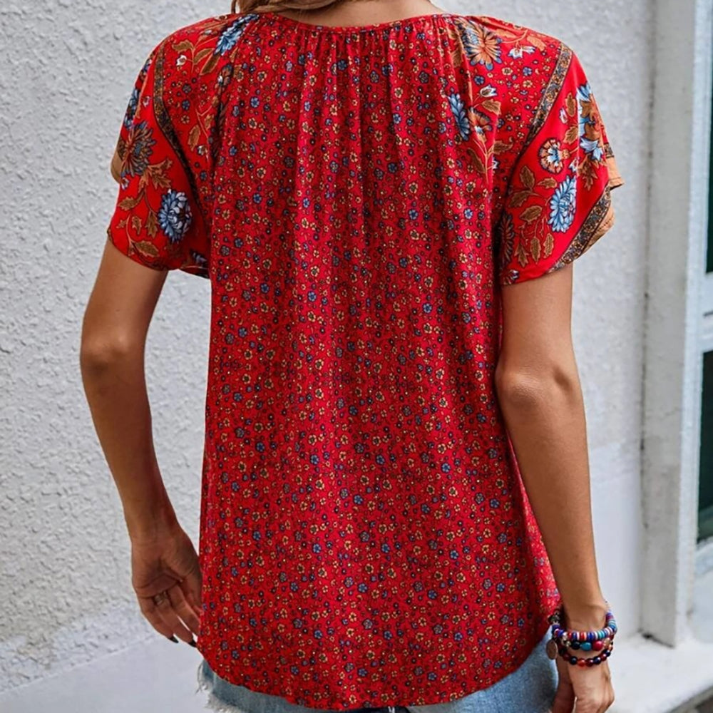 Casual Ethnic Print V-Neck Short-Sleeved Loose Shirt