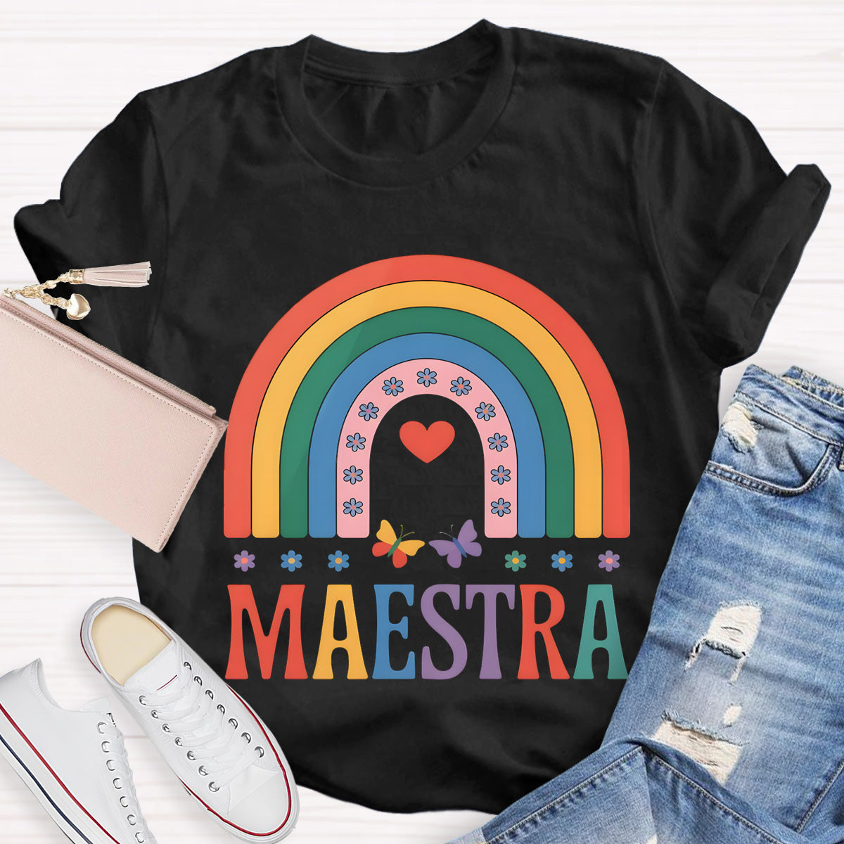 Rainbow Butterfly Maestra Bilingual Teacher T-Shirt