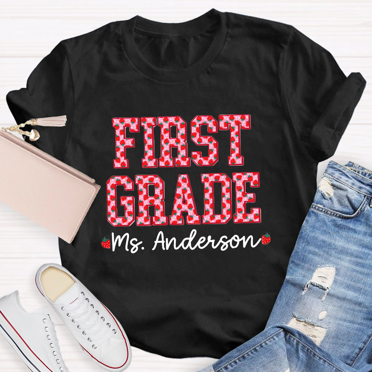 Personalized Grade And Name Strawberry Printed Teacher T-Shirt