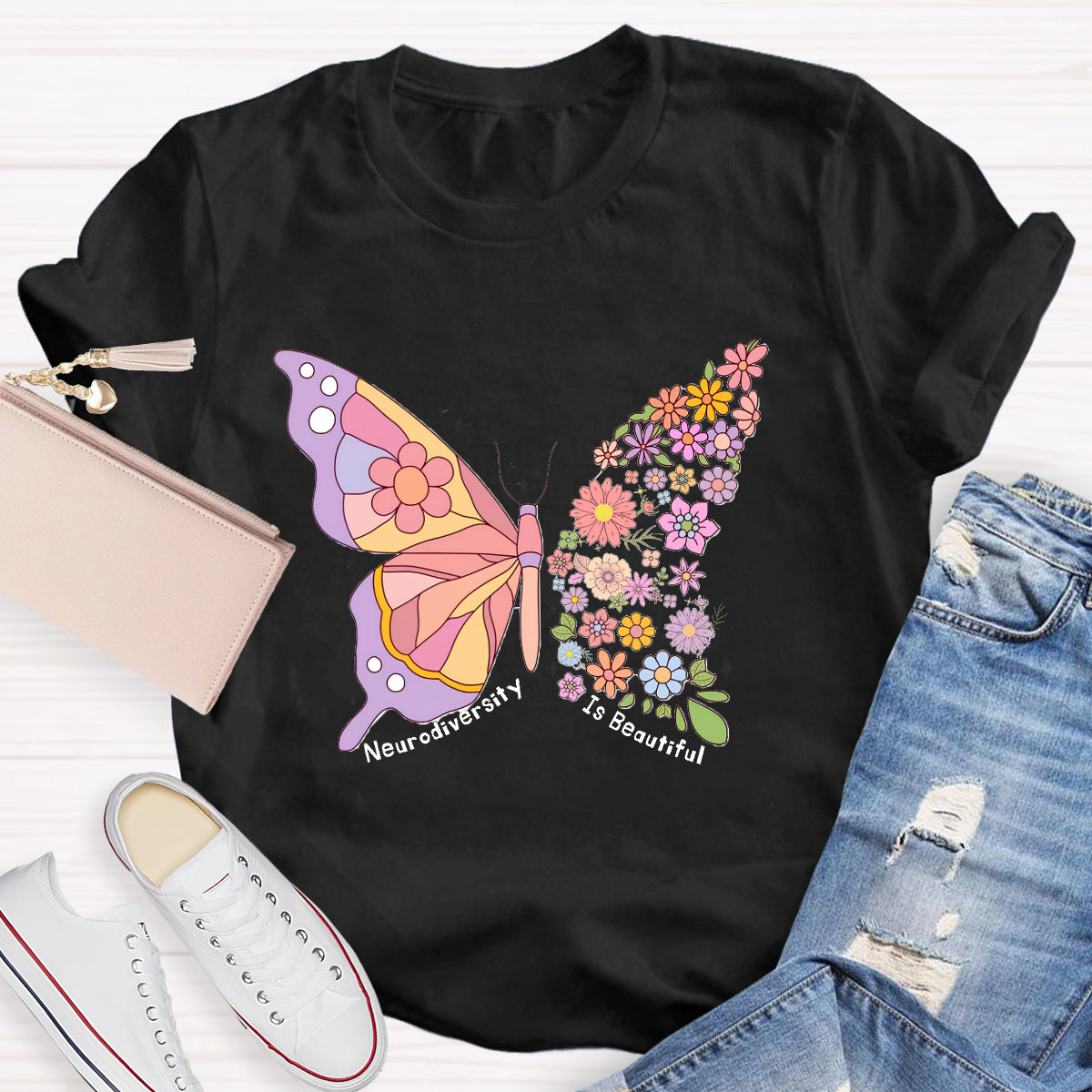 Neurodiversity Is Beautiful Floral Butterfly Teacher T-Shirt