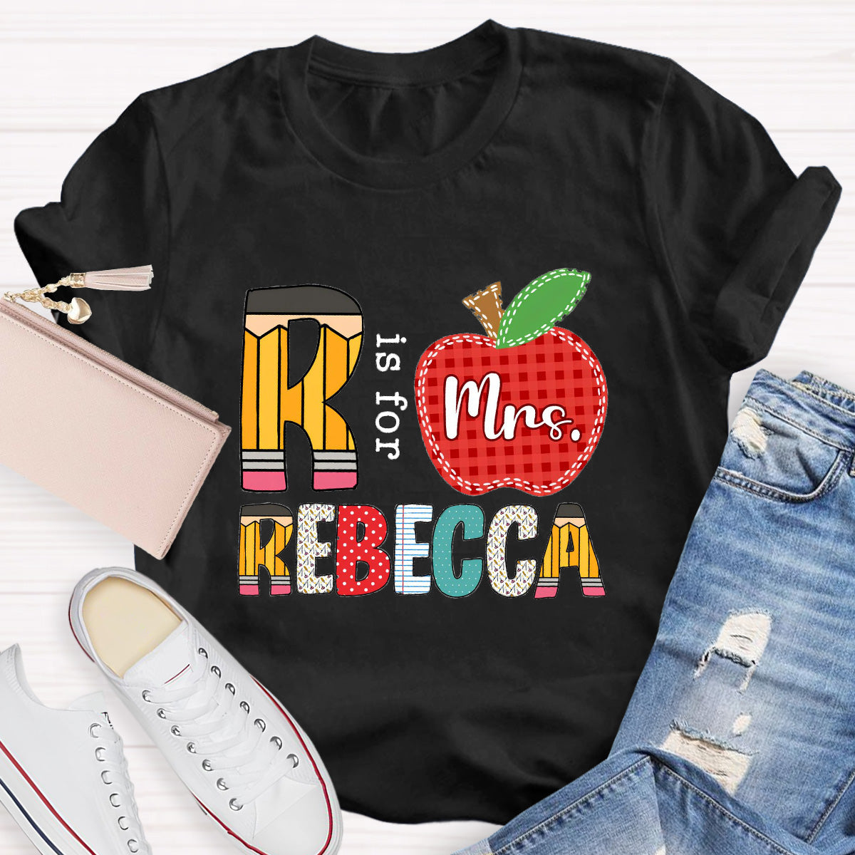 Personalized Name Red Apple R Is For Rebecca Teacher T-Shirt