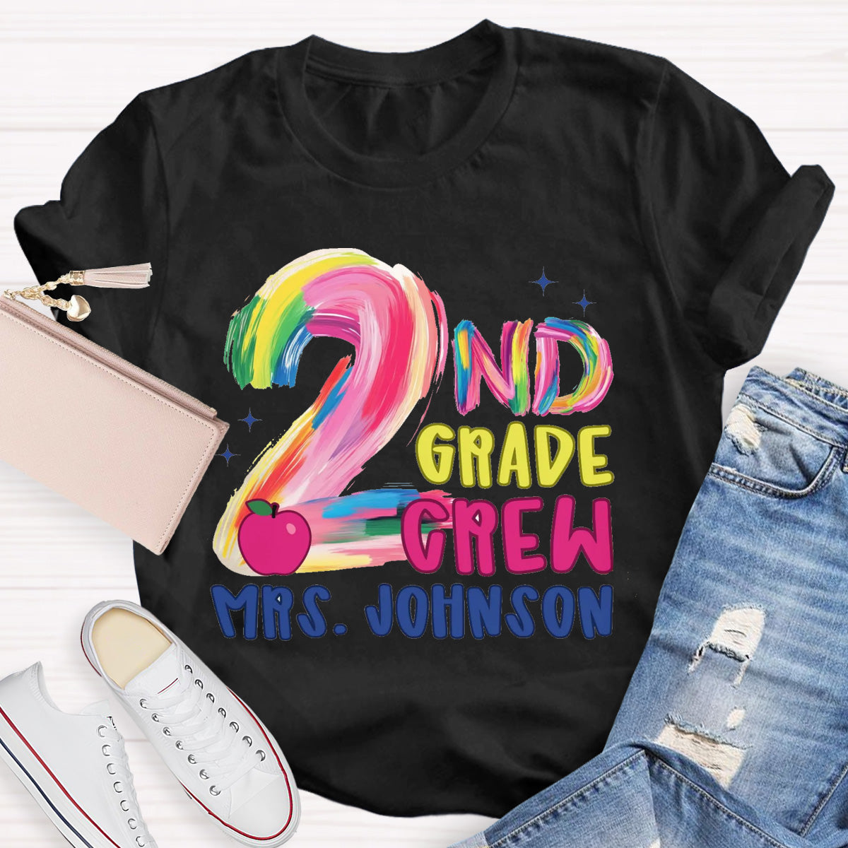 Personalized Grade And Name Pink Apple Teacher T-Shirt